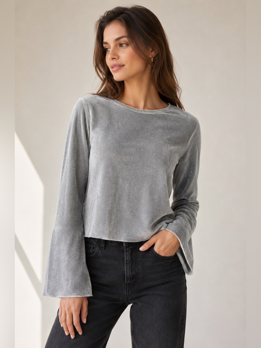 ZARA TRAFALUC Gray Autumn-Winter Crewneck Velvet Sweater Bell Sleeve Soft Plushy